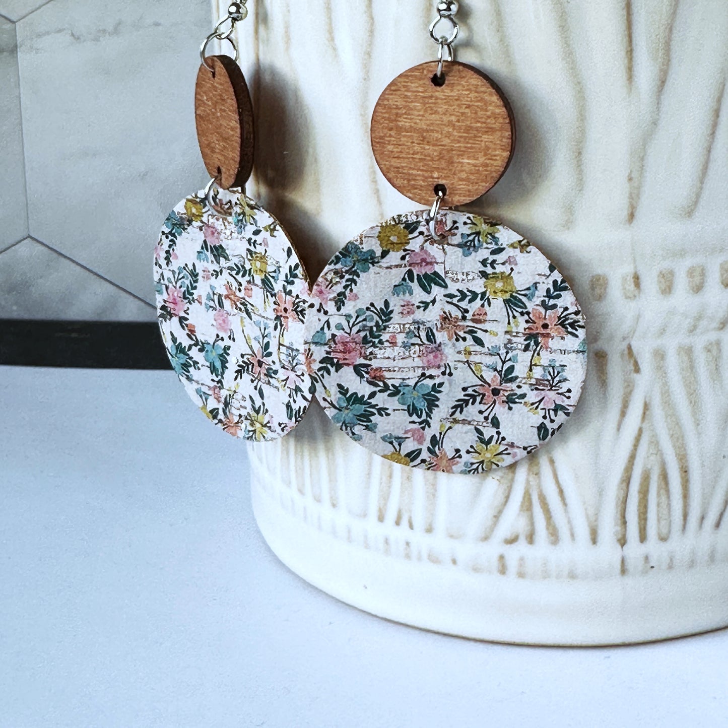 Jordan :: Wood Disc Small Pastel Floral Cork Dangle Earrings