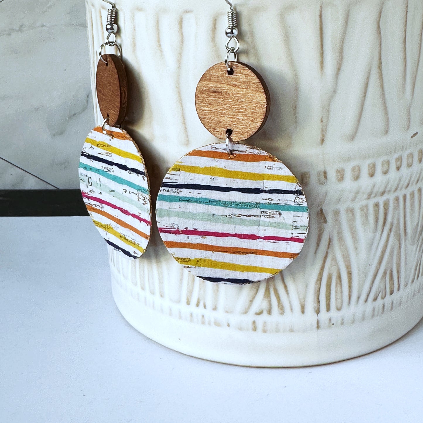 Lauren :: Wood Disc Colorful Stripes Cork Dangle Earrings