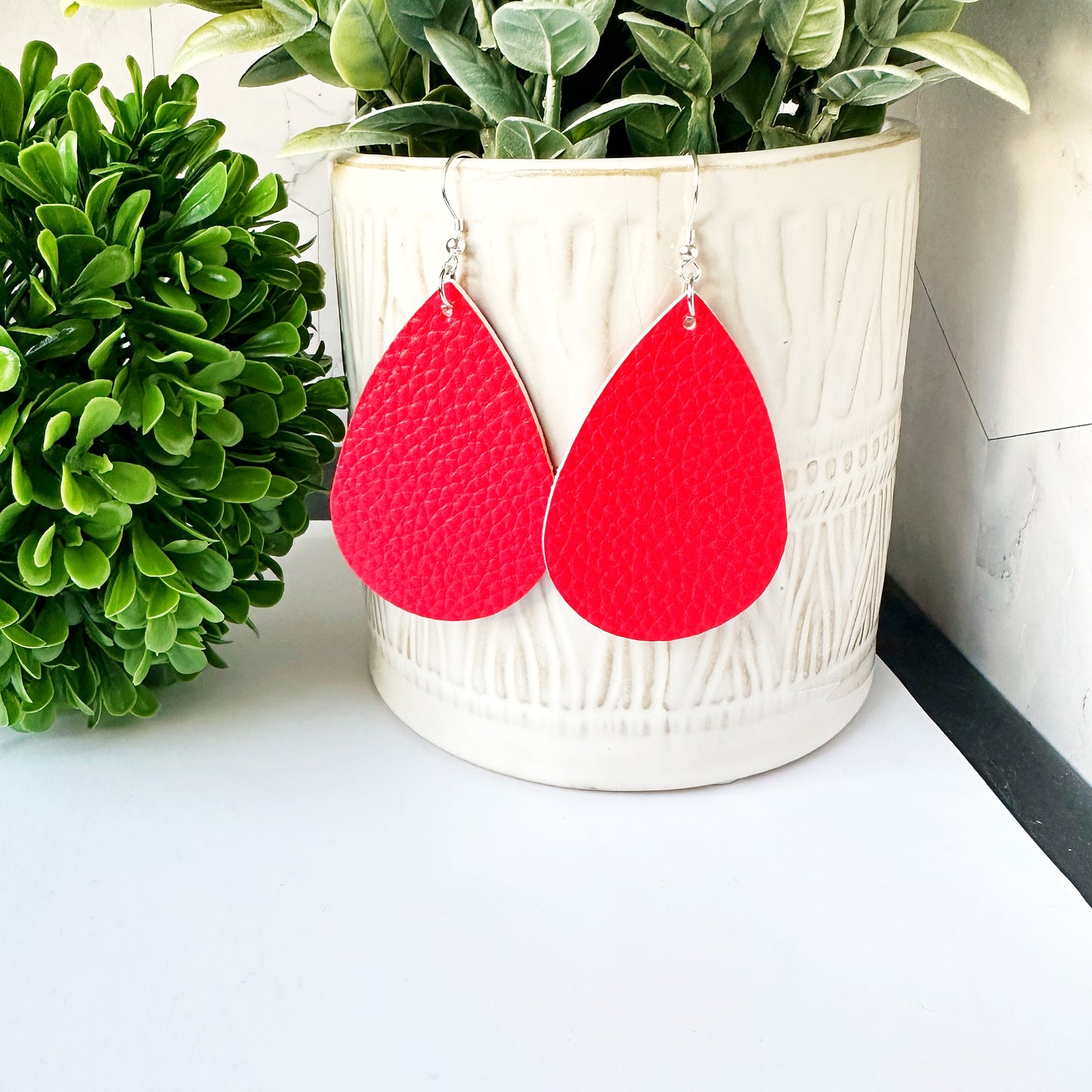 Sawyer - Red Faux Leather drop earrings