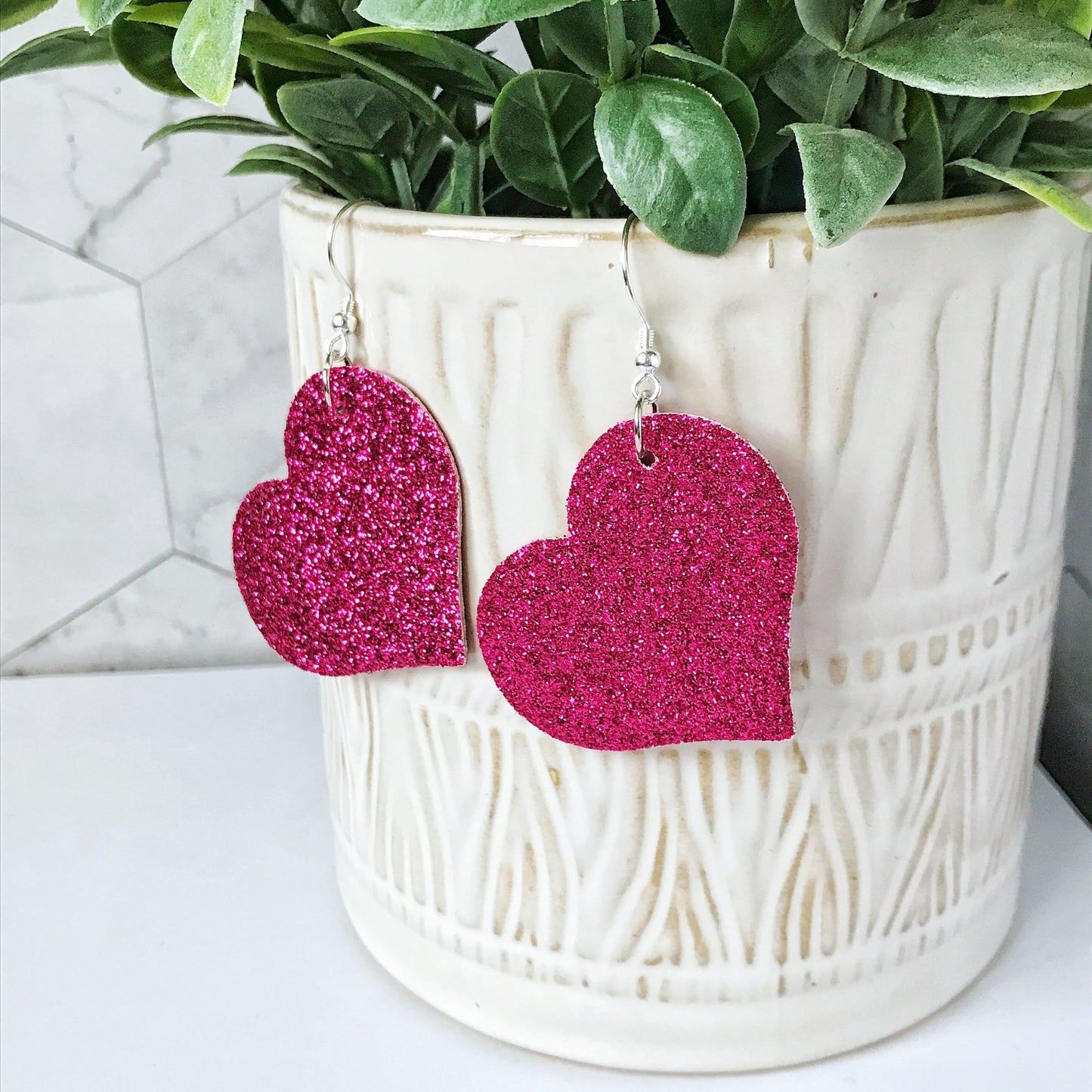 Amber - Glittery Pink Heart Earrings