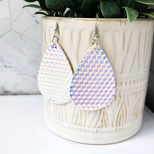London - Irridescent White Faux Leather Earrings