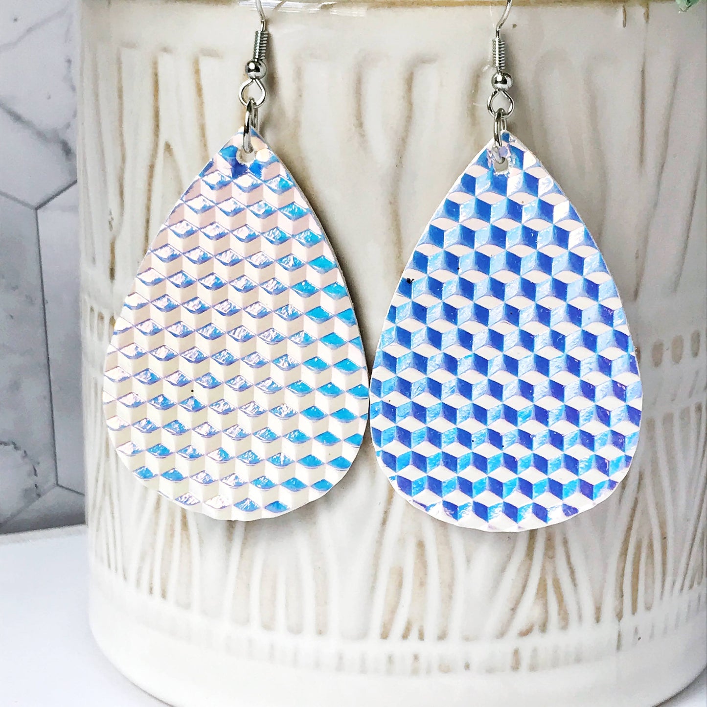 London - Irridescent White Faux Leather Earrings