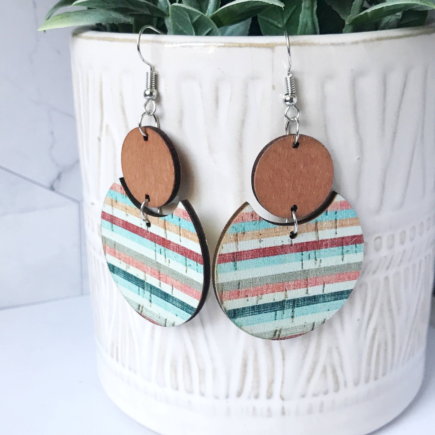 Jamie :: Wood Faux Cork Stripes Dangle Earrings