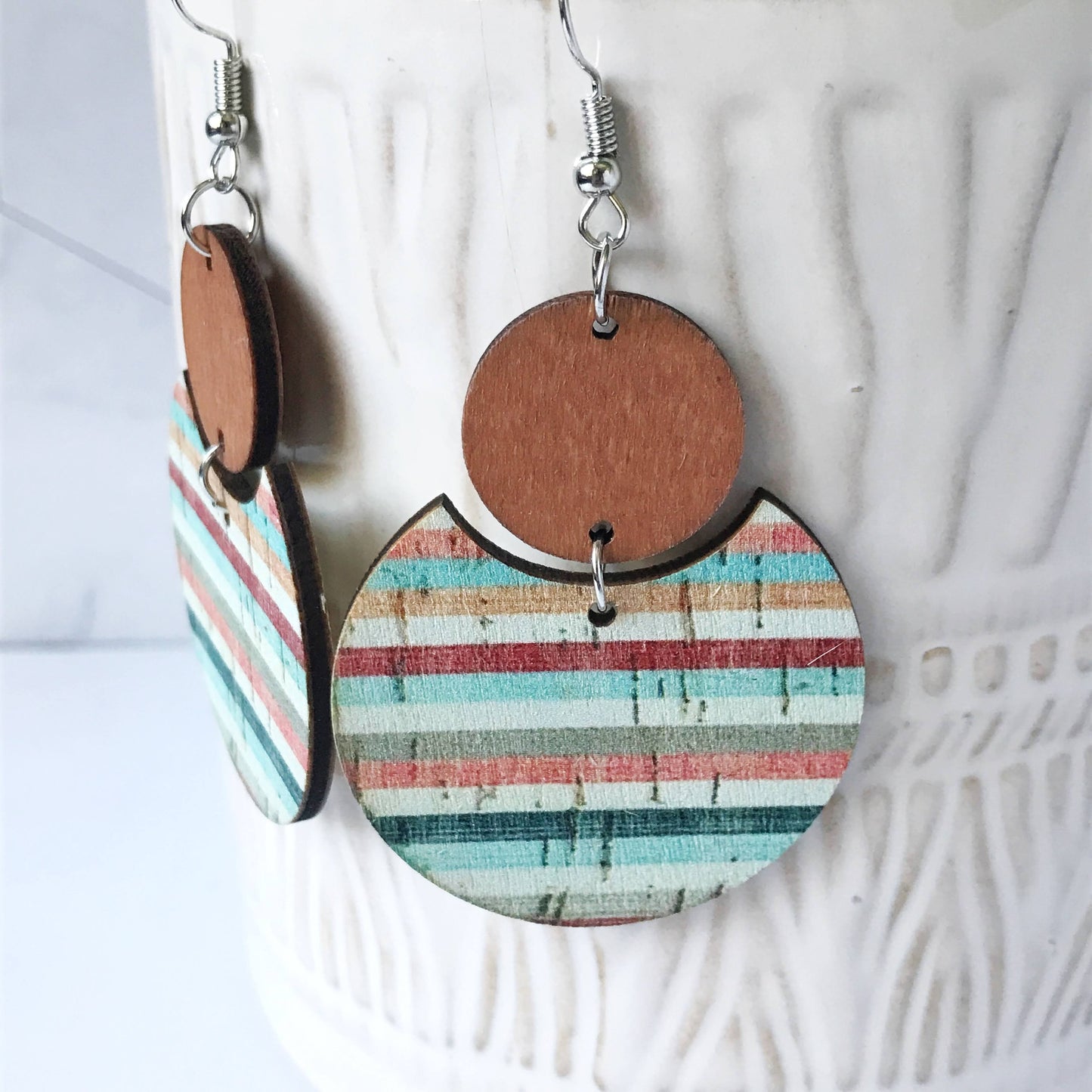 Jamie :: Wood Faux Cork Stripes Dangle Earrings