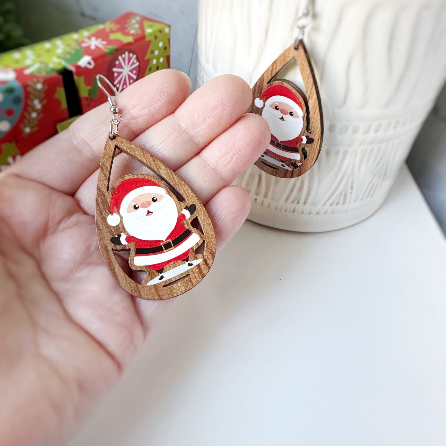 Santa Teardrop Wood Earrings
