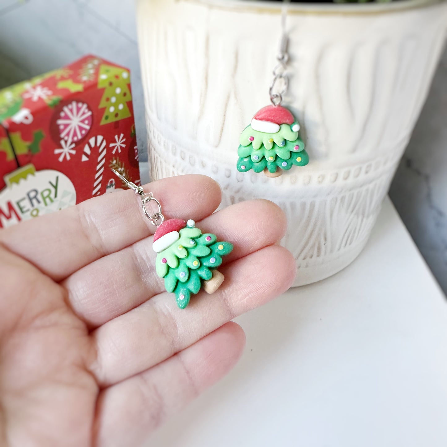 Mini Christmas Layered Cartoon Tree Clay Earrings
