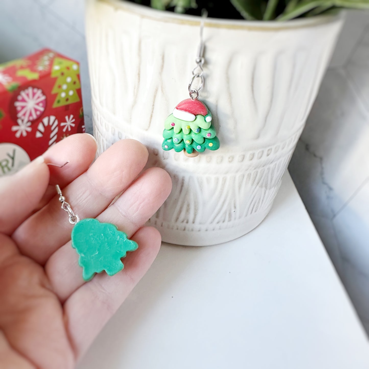 Mini Christmas Layered Cartoon Tree Clay Earrings