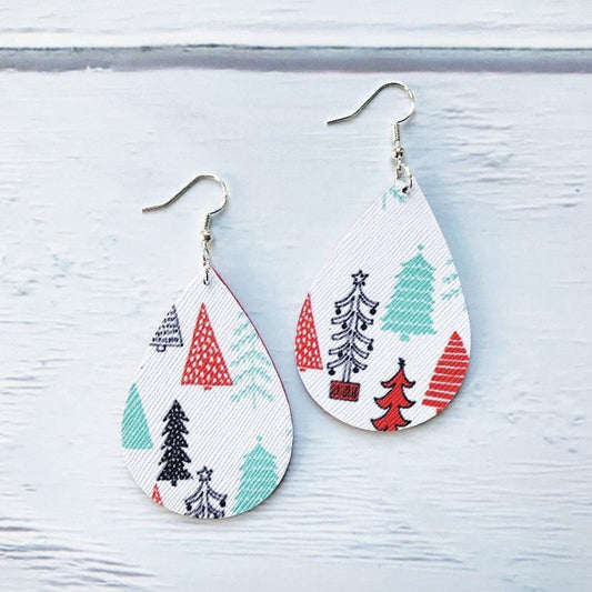 KellyMack.Co Abigail - Christmas Doodle Trees Red Faux Leather Earrings