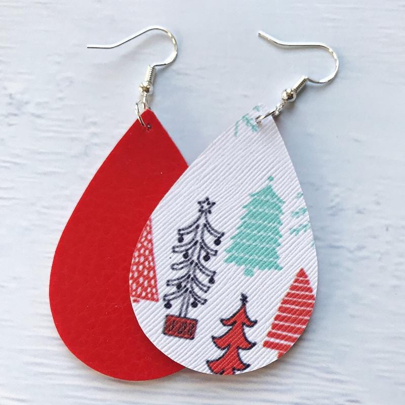 KellyMack.Co Abigail - Christmas Doodle Trees Red Faux Leather Earrings