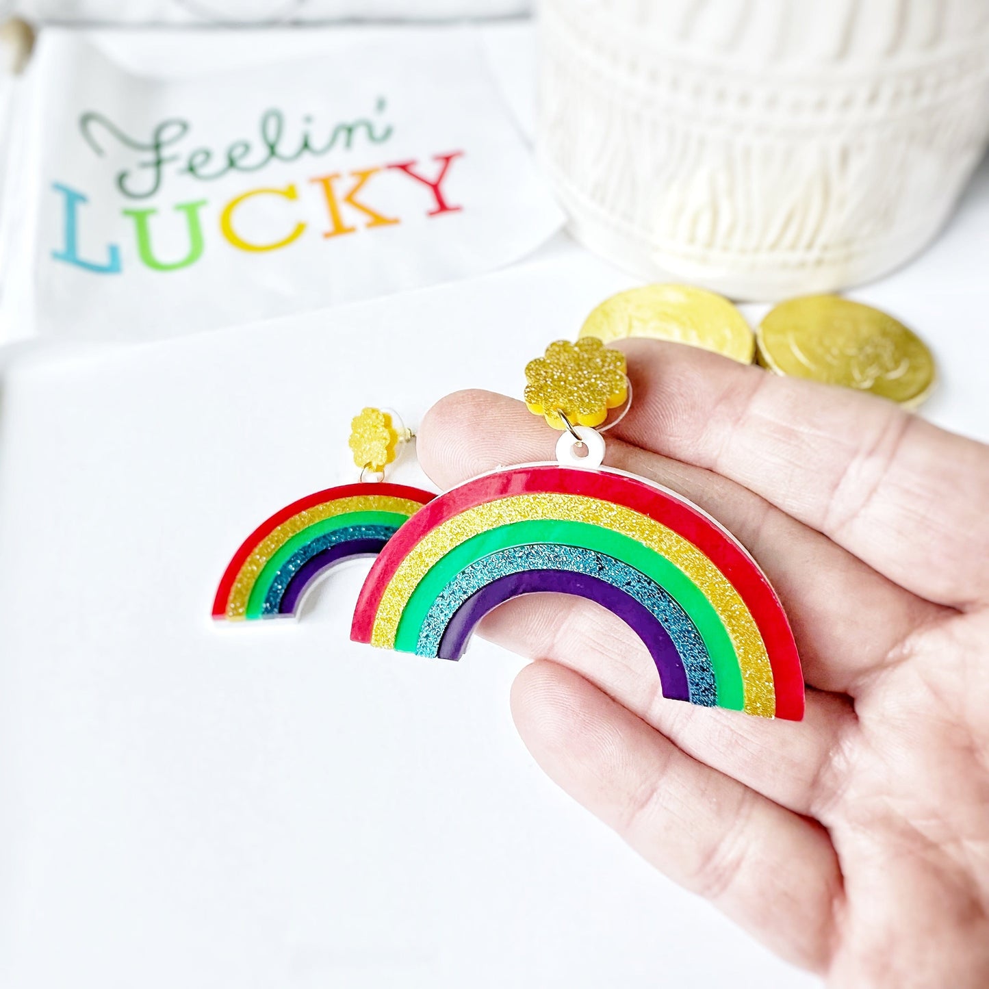 KellyMack.Co Acrylic Dangle Colorful Sparkle Rainbow Earrings