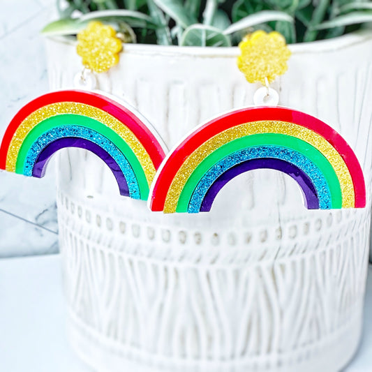 KellyMack.Co Acrylic Dangle Colorful Sparkle Rainbow Earrings