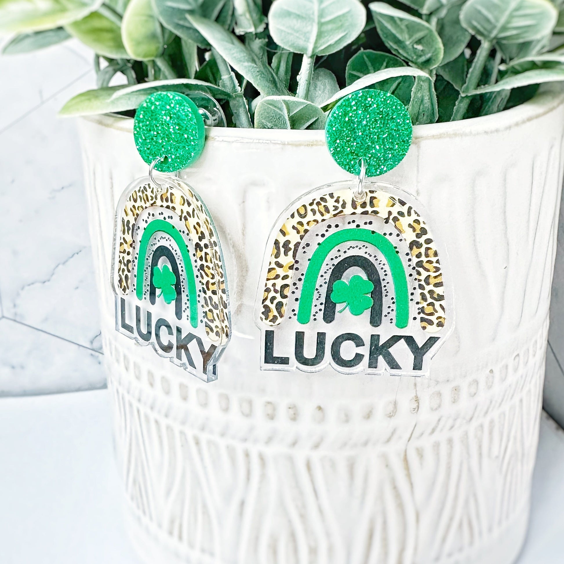 KellyMack.Co Acrylic Dangle Green Leopard Lucky Rainbow Earrings