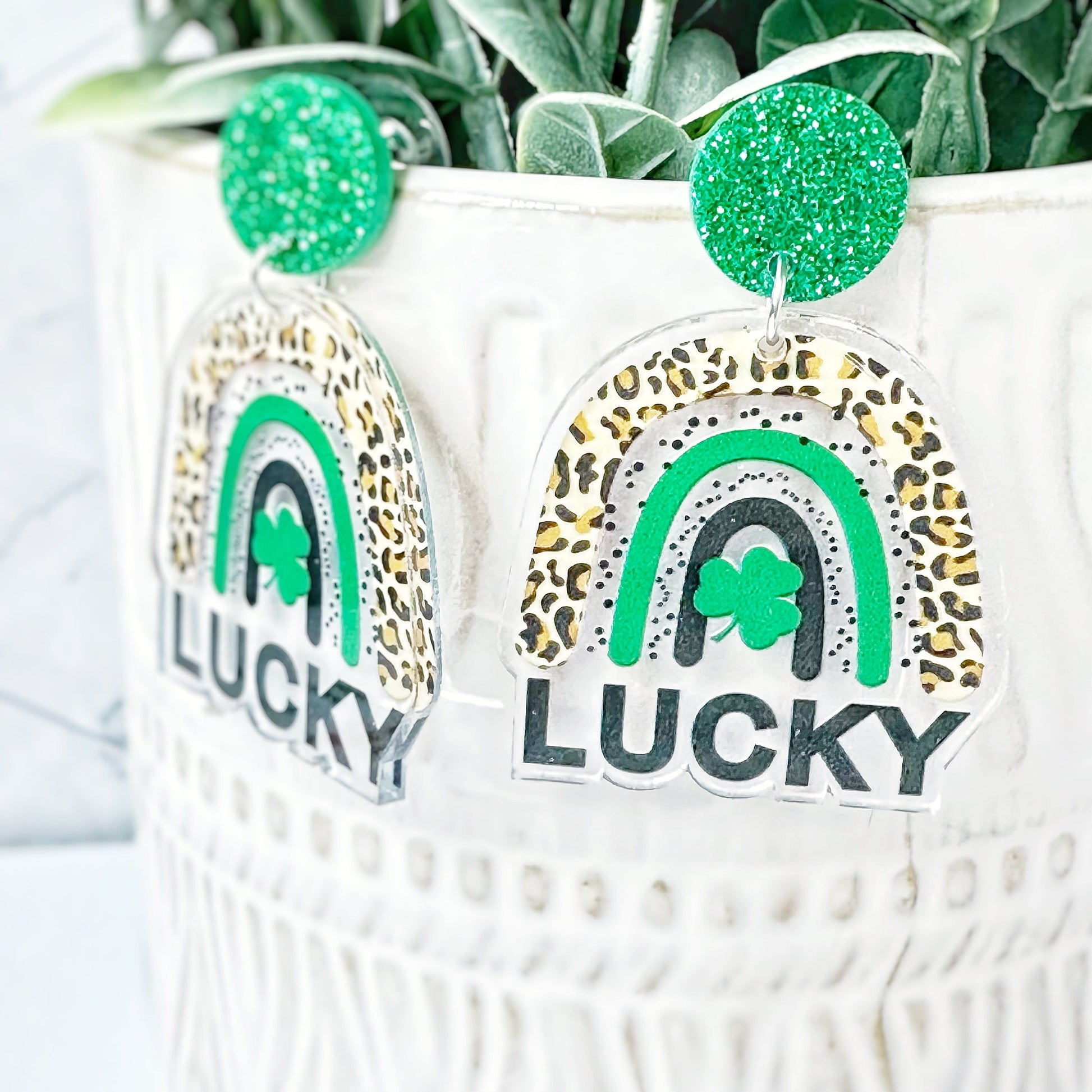 KellyMack.Co Acrylic Dangle Green Leopard Lucky Rainbow Earrings