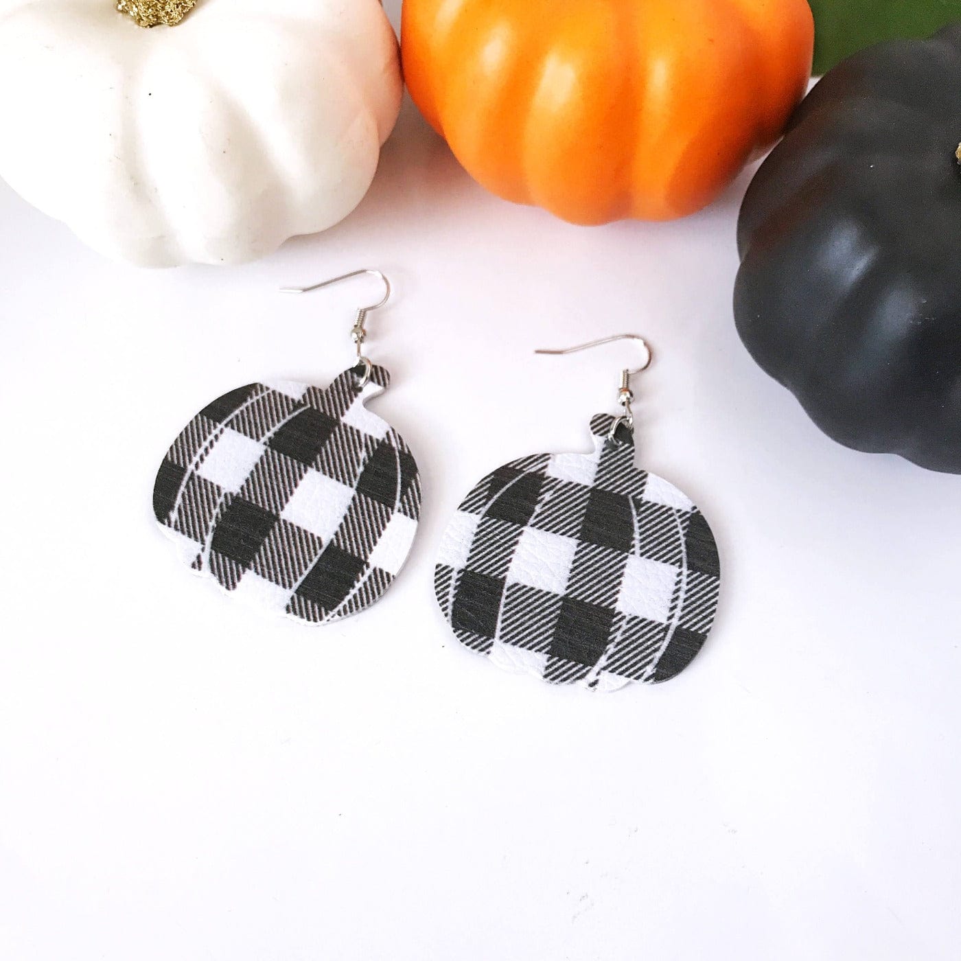 KellyMack.Co Black & White Phoebe- Buffalo Plaid Pumpkin Earrings