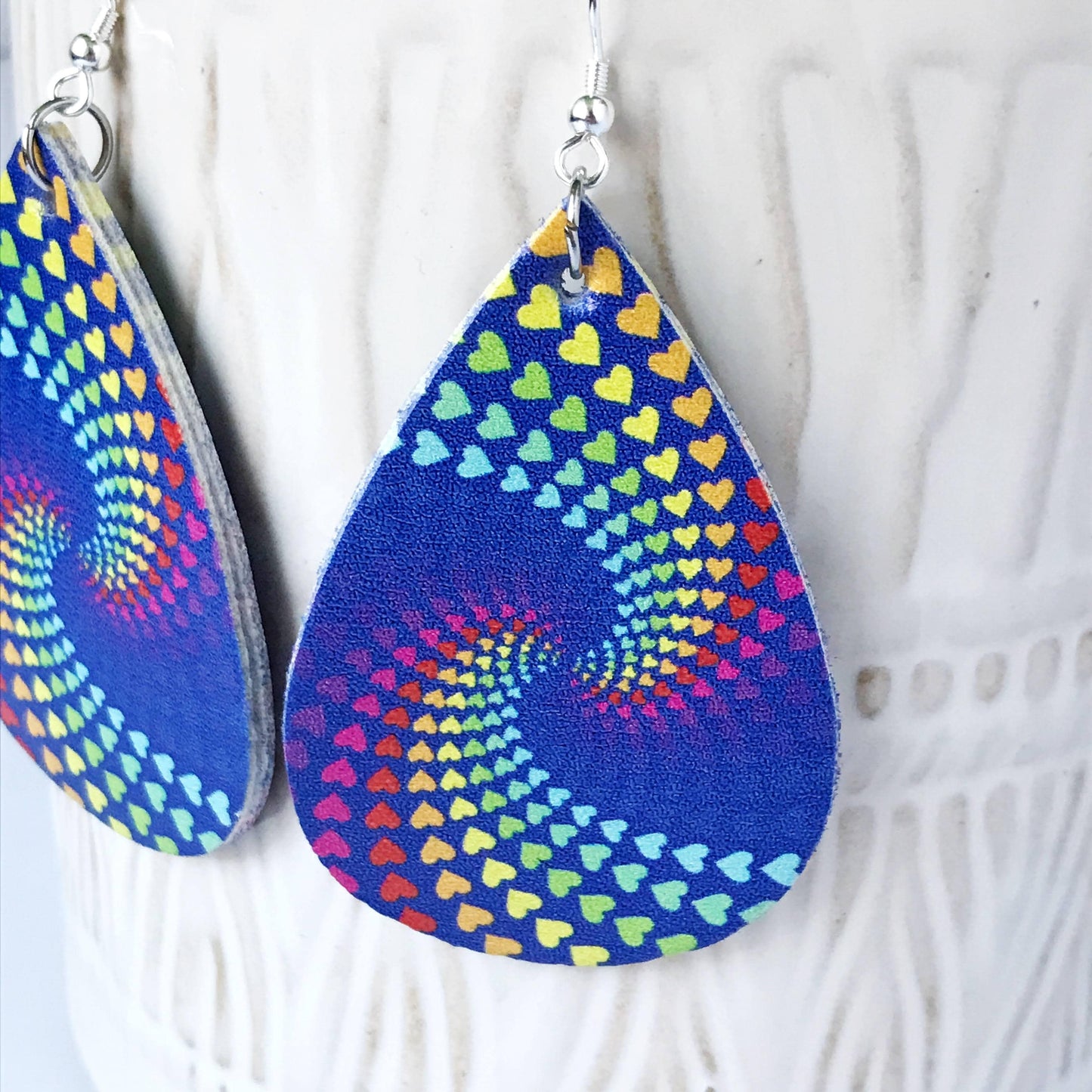 KellyMack.Co Christin: Rainbow Hearts Swirl on Navy Earrings Faux Leather