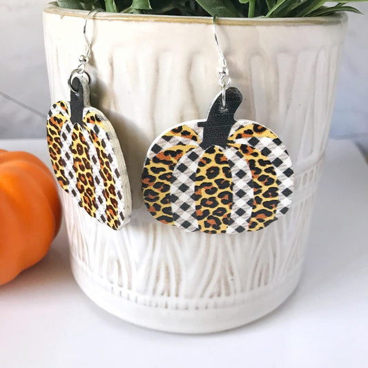 KellyMack.Co Clarissa- Plaid Leopard Pumpkin Faux Leather Earrings