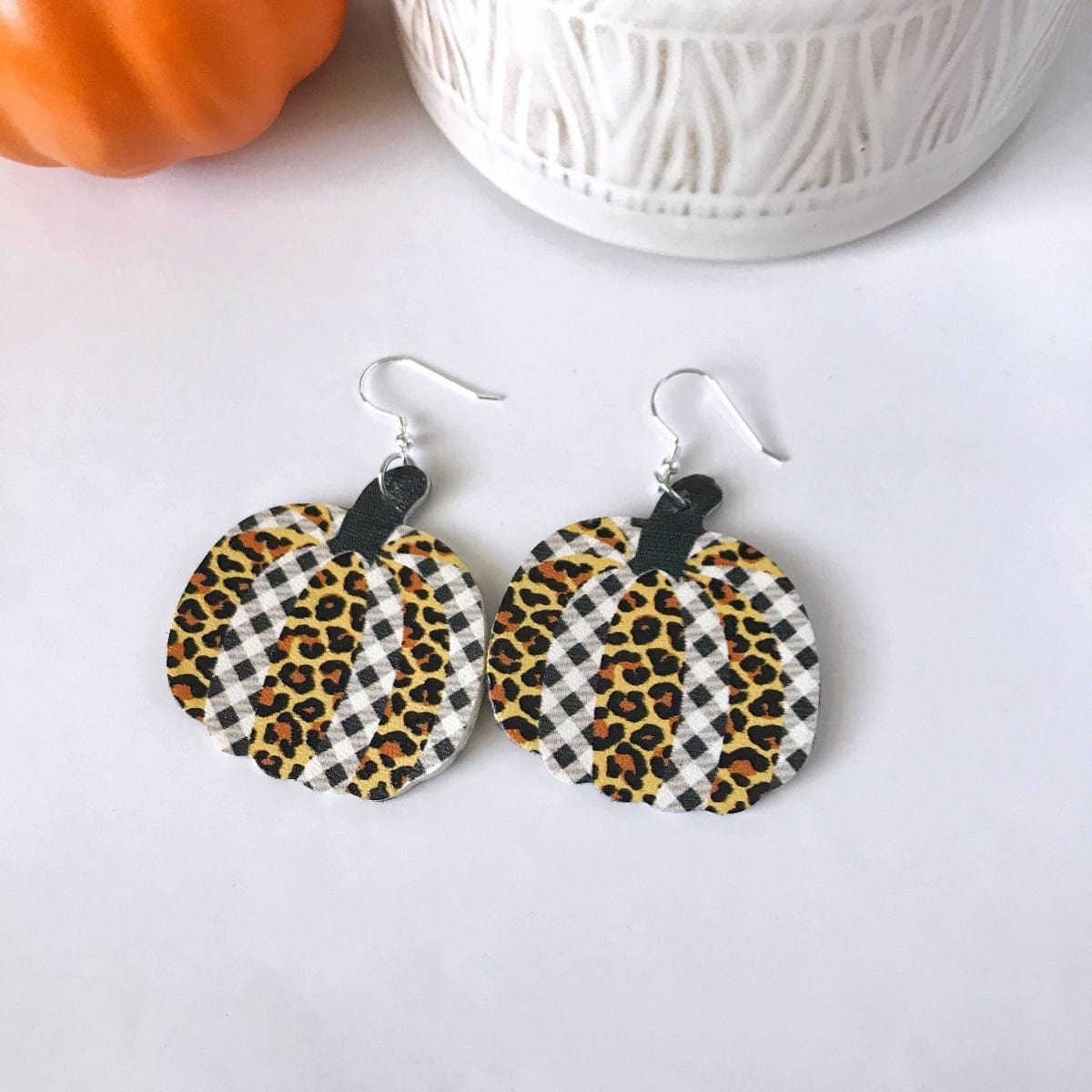 KellyMack.Co Clarissa- Plaid Leopard Pumpkin Faux Leather Earrings