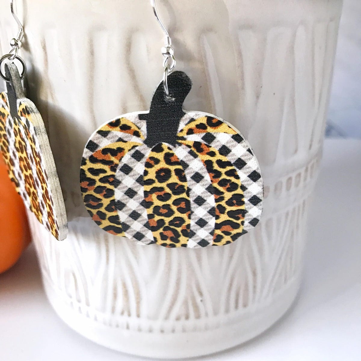 KellyMack.Co Clarissa- Plaid Leopard Pumpkin Faux Leather Earrings