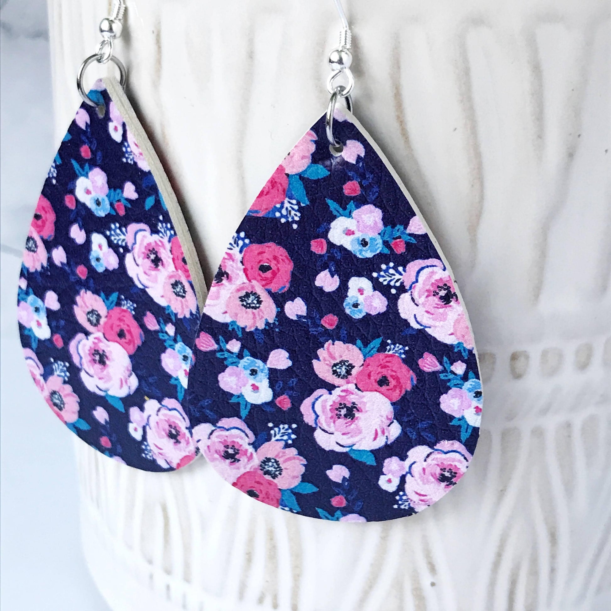 KellyMack.Co Cynthia: Pink Flowers on Navy Floral Nature Earrings Faux Leather