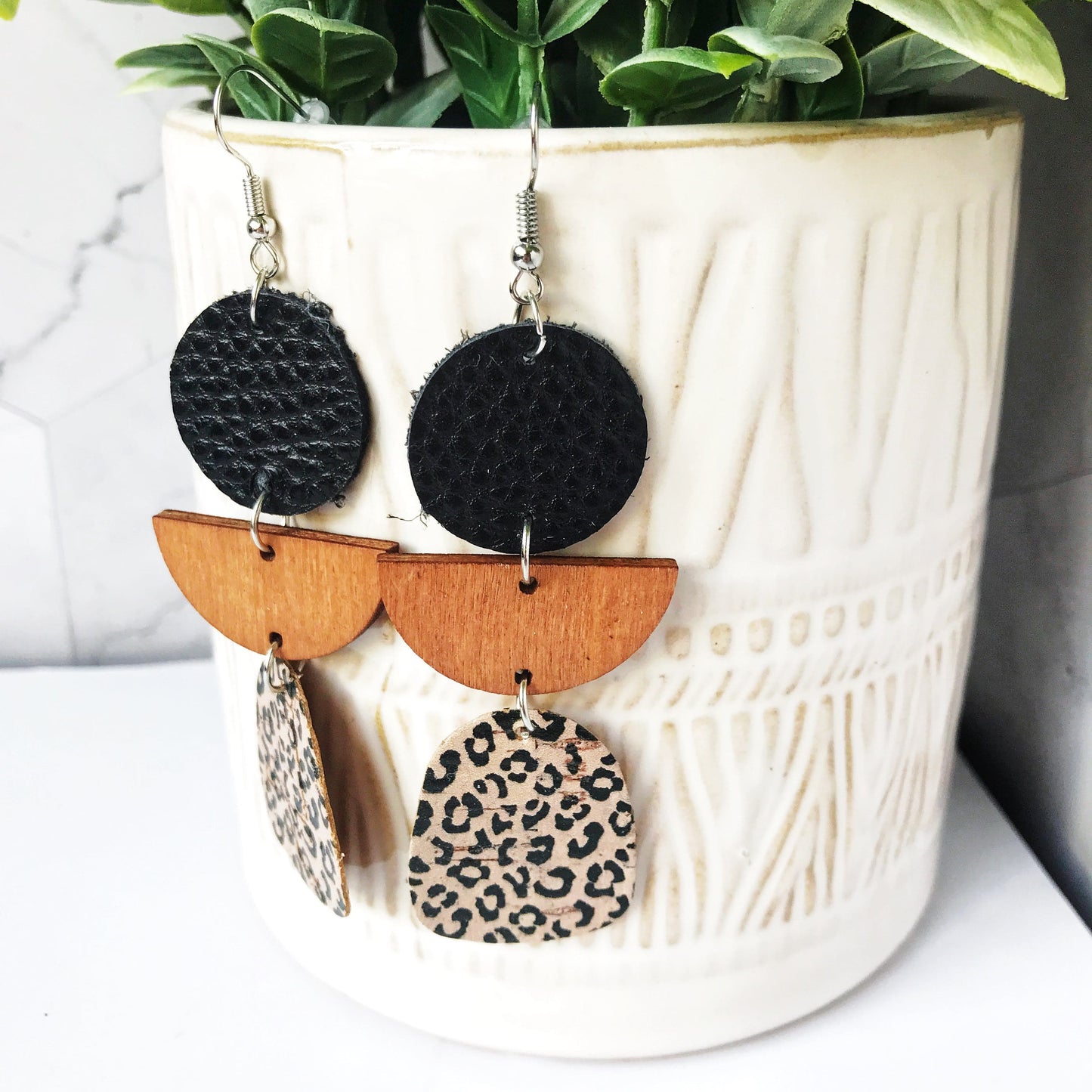 KellyMack.Co Earrings Ashlyn :: Leather Wood Leopard Cork Dangle Earrings