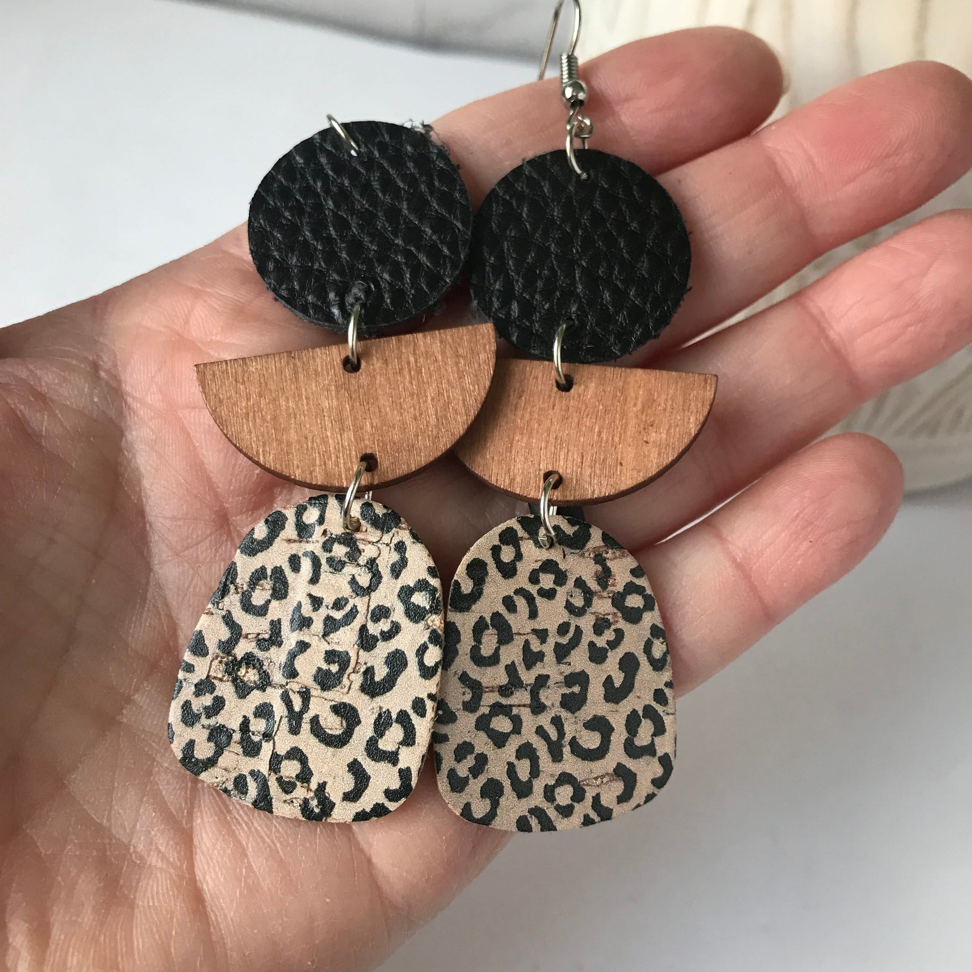 KellyMack.Co Earrings Ashlyn :: Leather Wood Leopard Cork Dangle Earrings