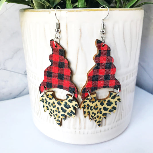 KellyMack.Co Earrings Esther:: Wood Buffalo Elf Hat w/ Leopard Beard Dangle Earrings