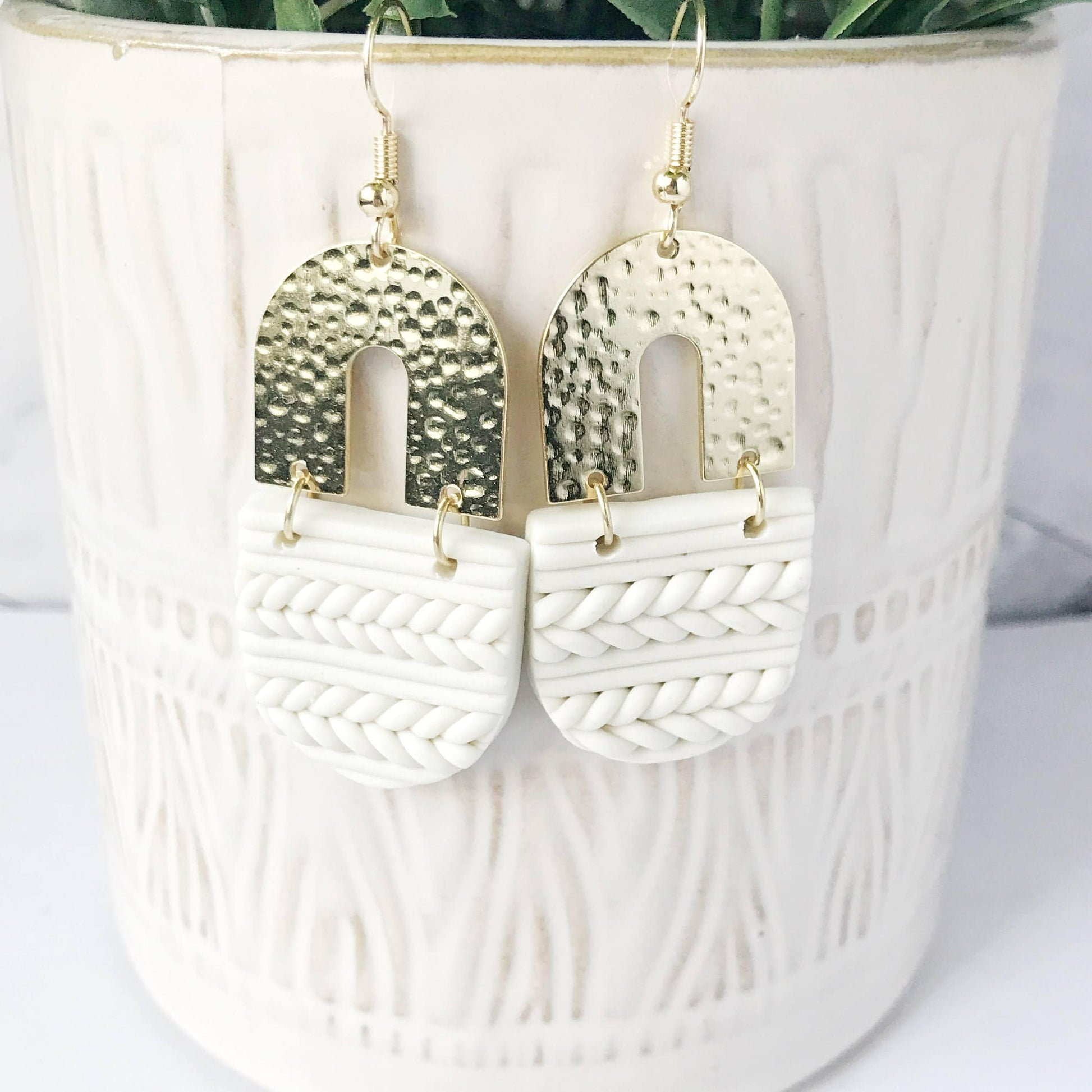KellyMack.Co Earrings Kalena:: White Knit Textured Polymer Clay with Hammered Gold Arch Earrings