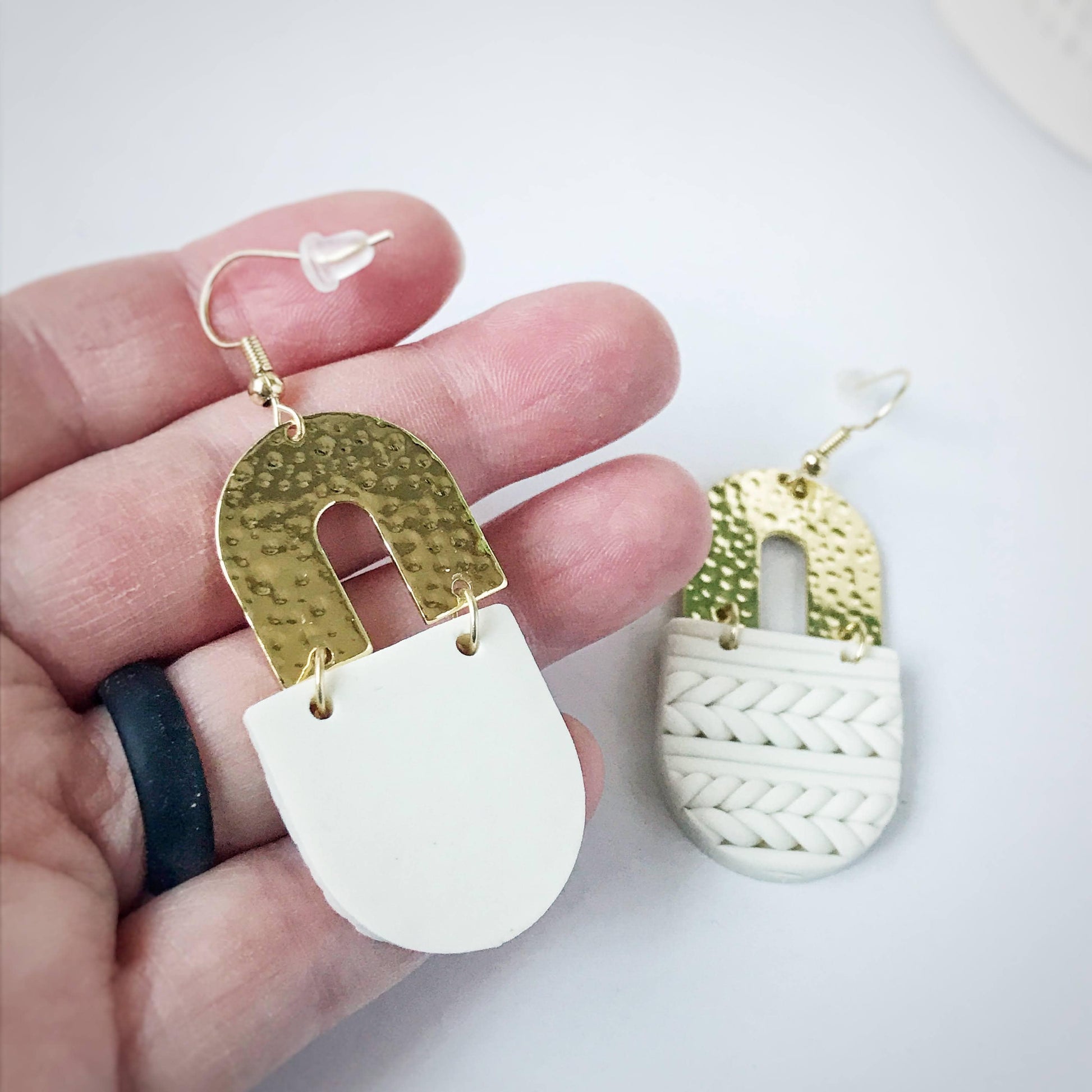 KellyMack.Co Earrings Kalena:: White Knit Textured Polymer Clay with Hammered Gold Arch Earrings