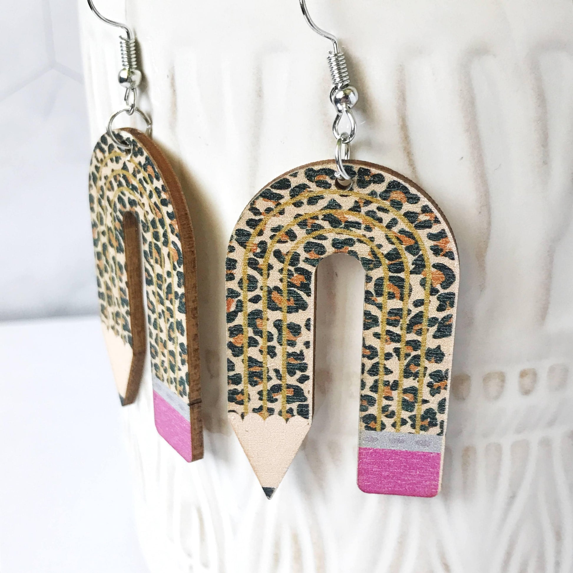 KellyMack.Co Earrings Tami: Back to School Teacher Leopard Pencil Arch Wood Earrings