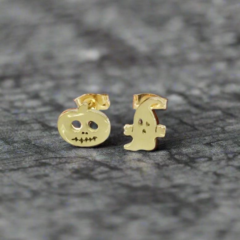 KellyMack.Co Gold Ghost and Jack-O-Lantern Stainless Steel Post Earrings