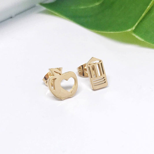 KellyMack.Co Gold Pencil and Apple Stainless Steel Post Earrings