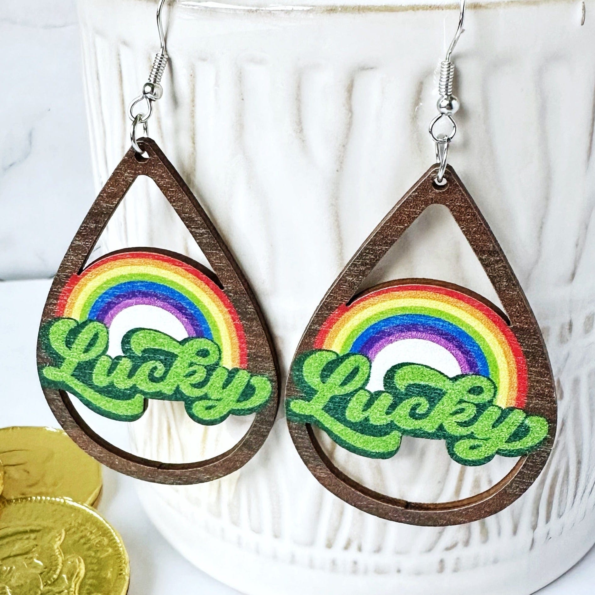 KellyMack.Co Lucky Rainbow Wood Drop Earrings
