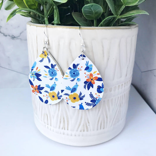 KellyMack.Co Megan: Blue and Yellow Floral Nature Earrings Faux Leather