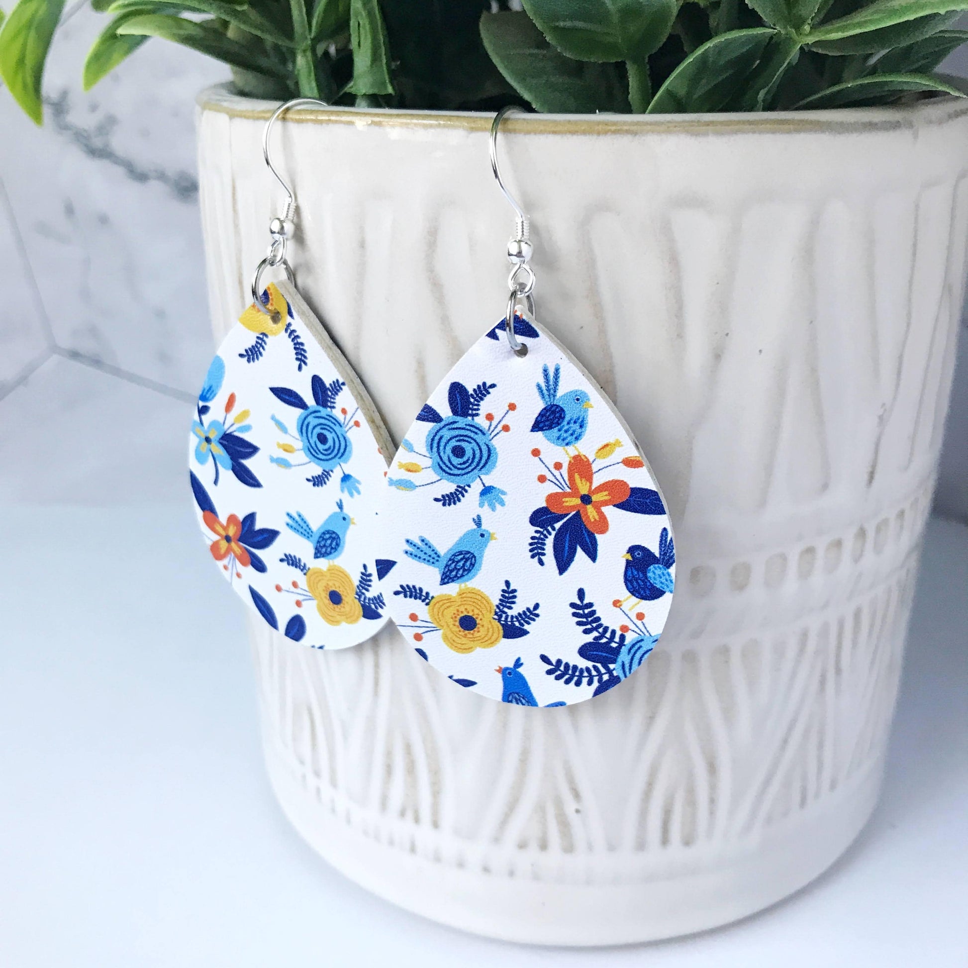KellyMack.Co Megan: Blue and Yellow Floral Nature Earrings Faux Leather