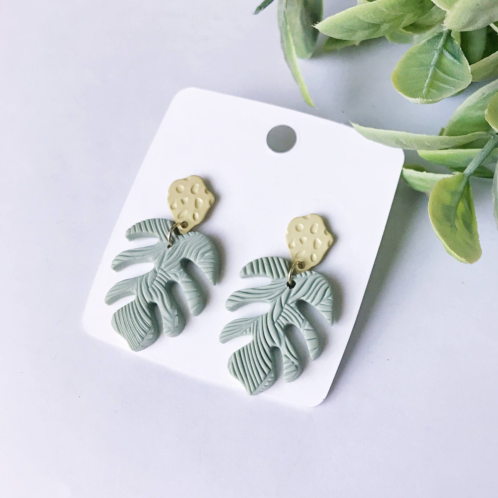 KellyMack.Co Polymer Clay Texture Leaf Earrings w/Gold Post