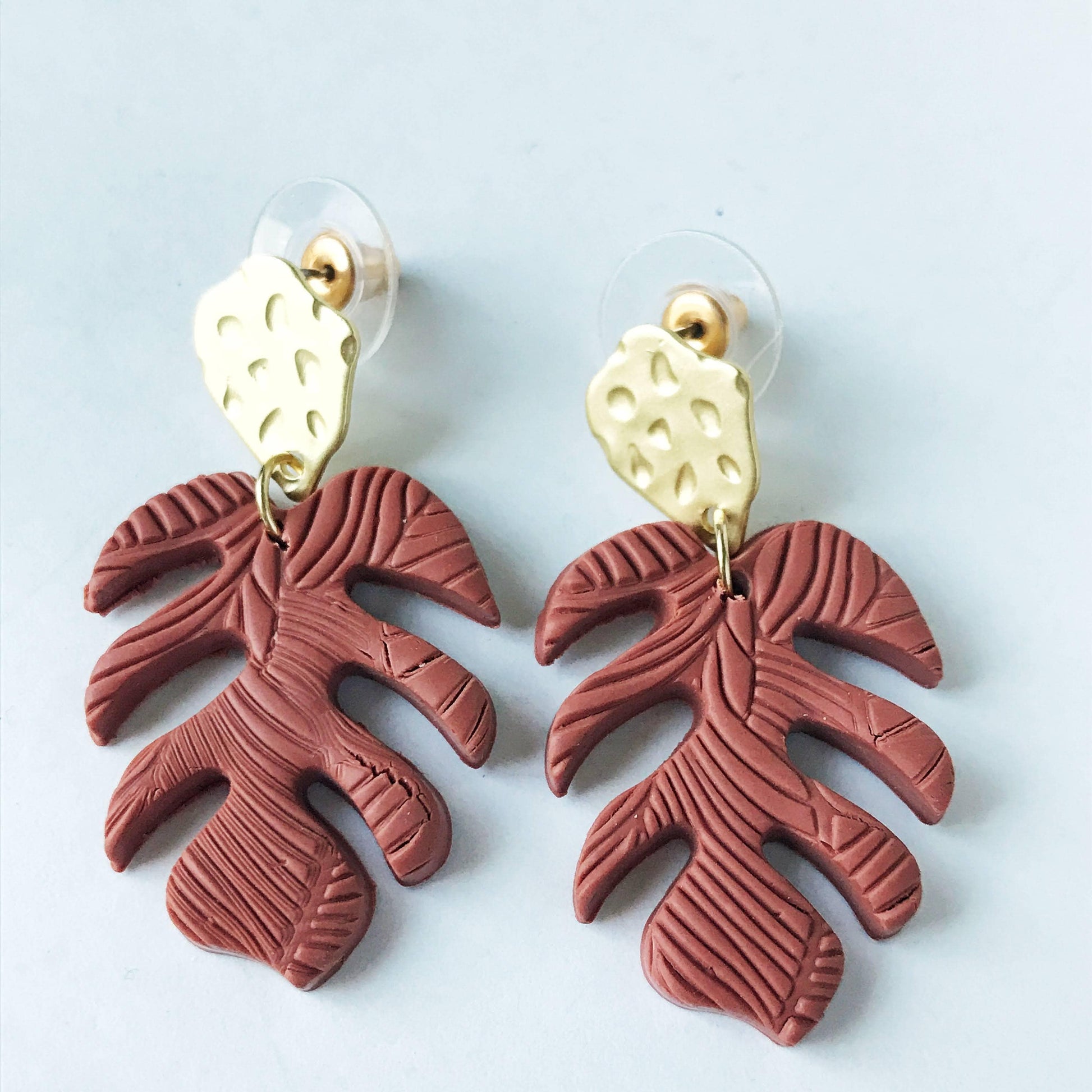 KellyMack.Co Polymer Clay Texture Leaf Earrings w/Gold Post