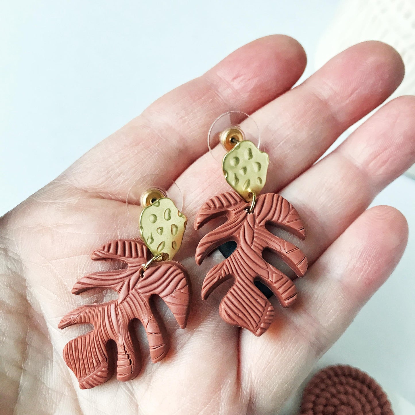 KellyMack.Co Polymer Clay Texture Leaf Earrings w/Gold Post