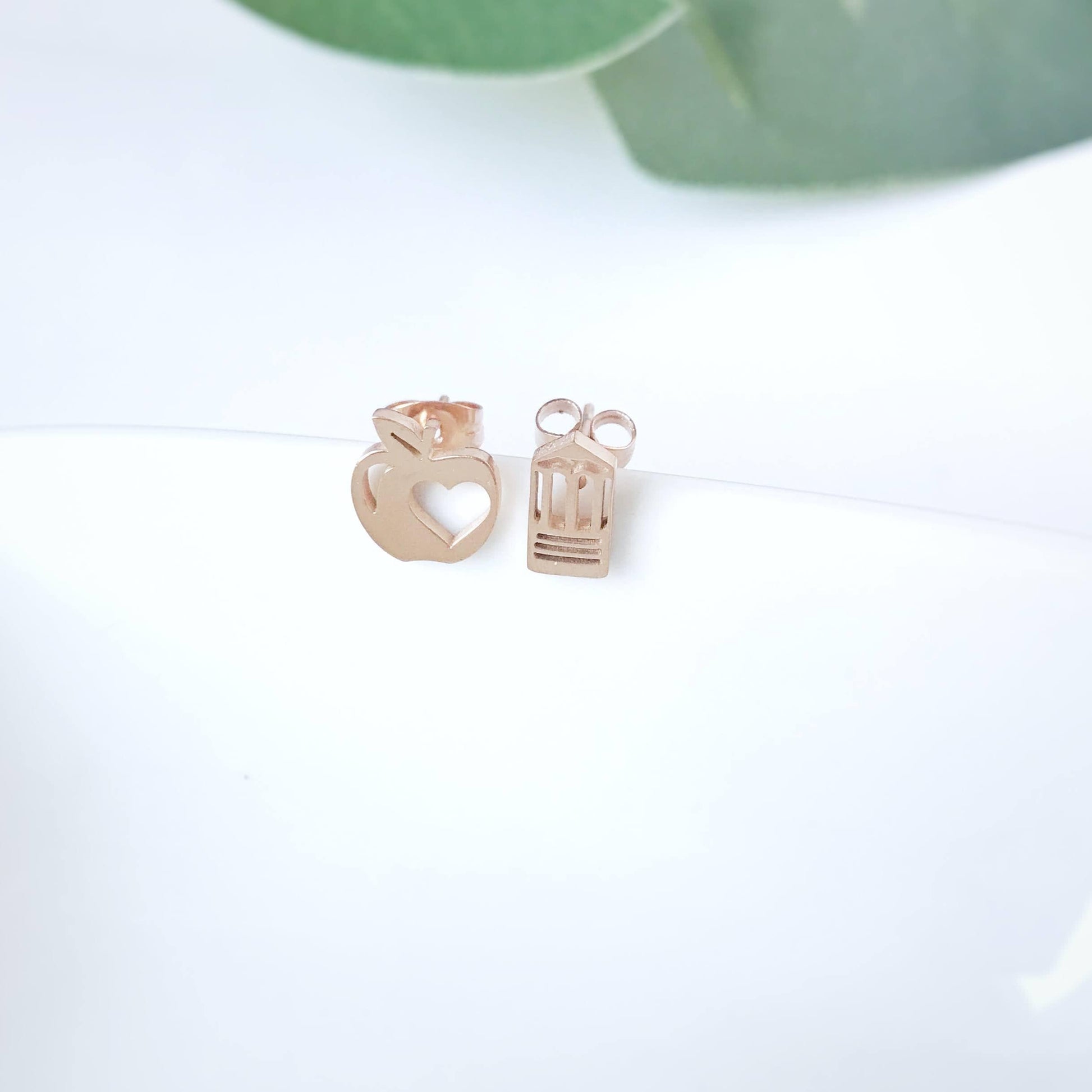 KellyMack.Co Rose Gold Pencil and Apple Stainless Steel Post Earrings