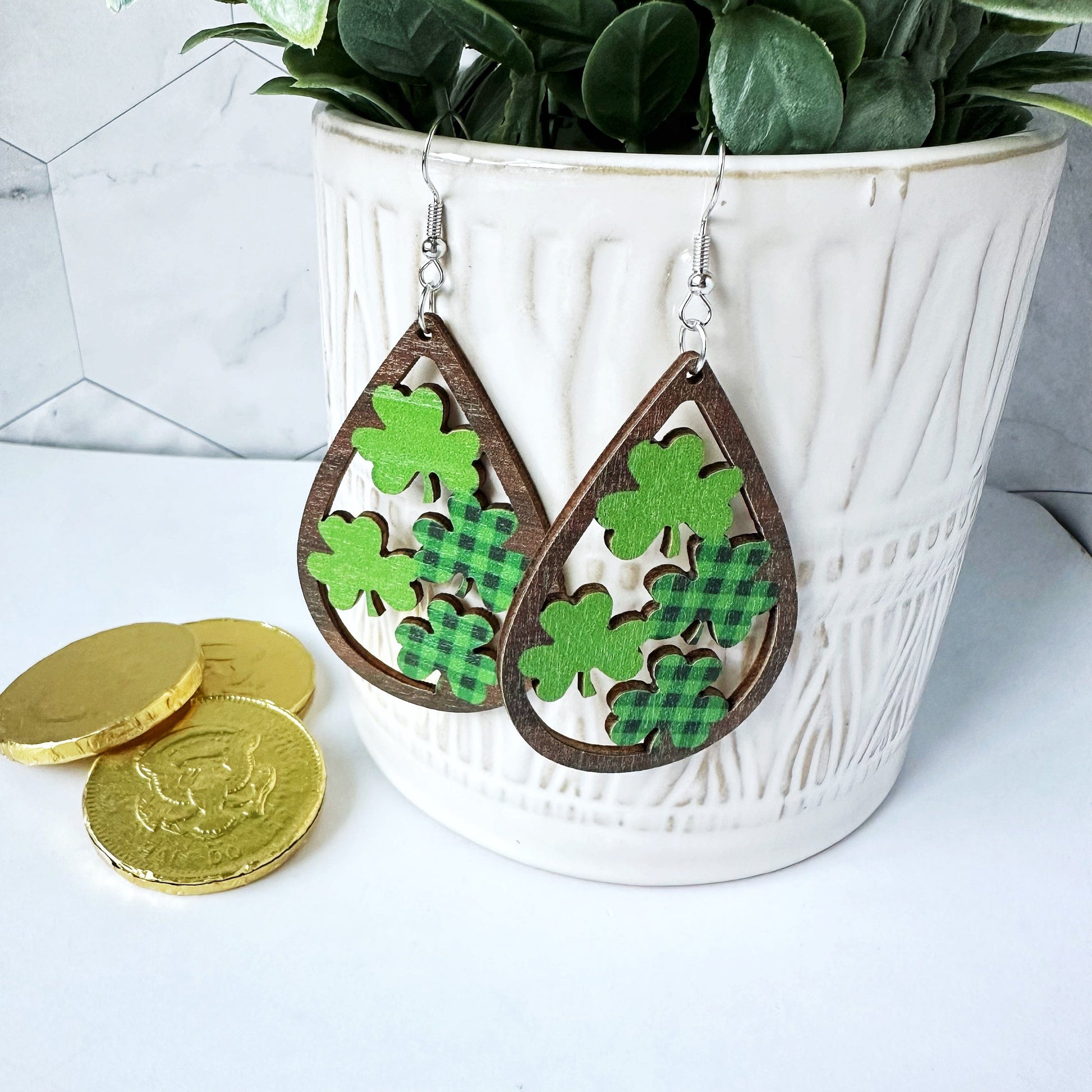 KellyMack.Co Shamrocks Wood Drop Earrings