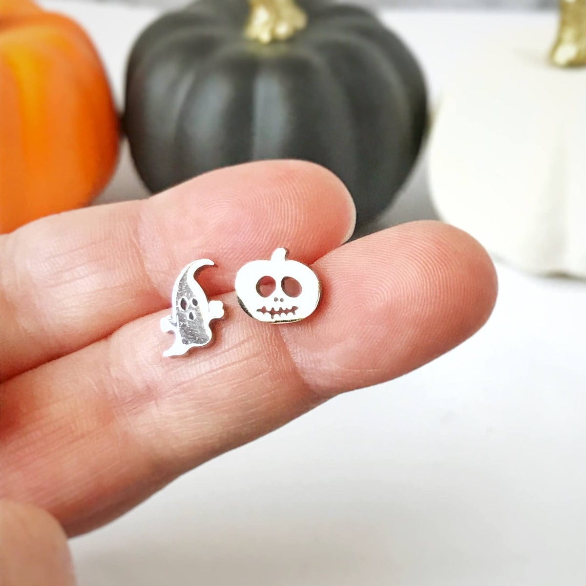 KellyMack.Co Silver Ghost and Jack-O-Lantern Stainless Steel Post Earrings